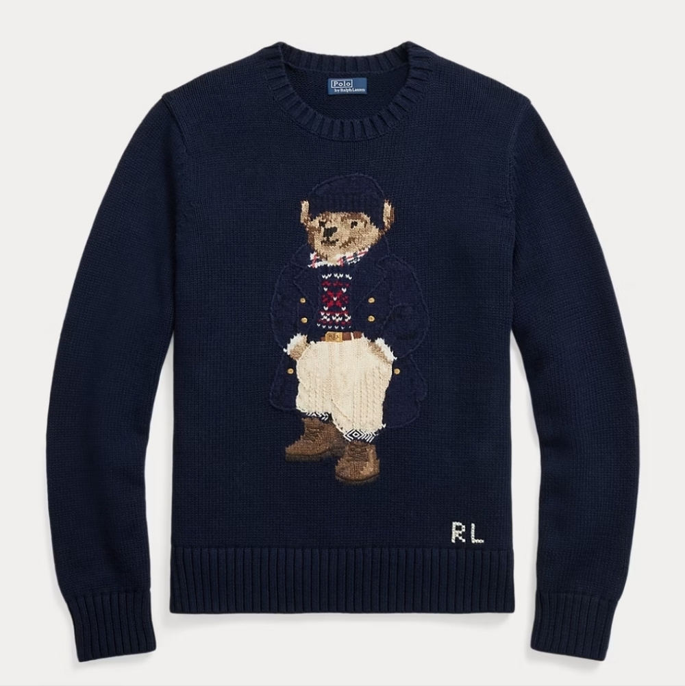 Ralph Lauren Polo Bear Cotton Crewneck Sweater In Size Large Hunter Navy Multi - Picture 5 of 7